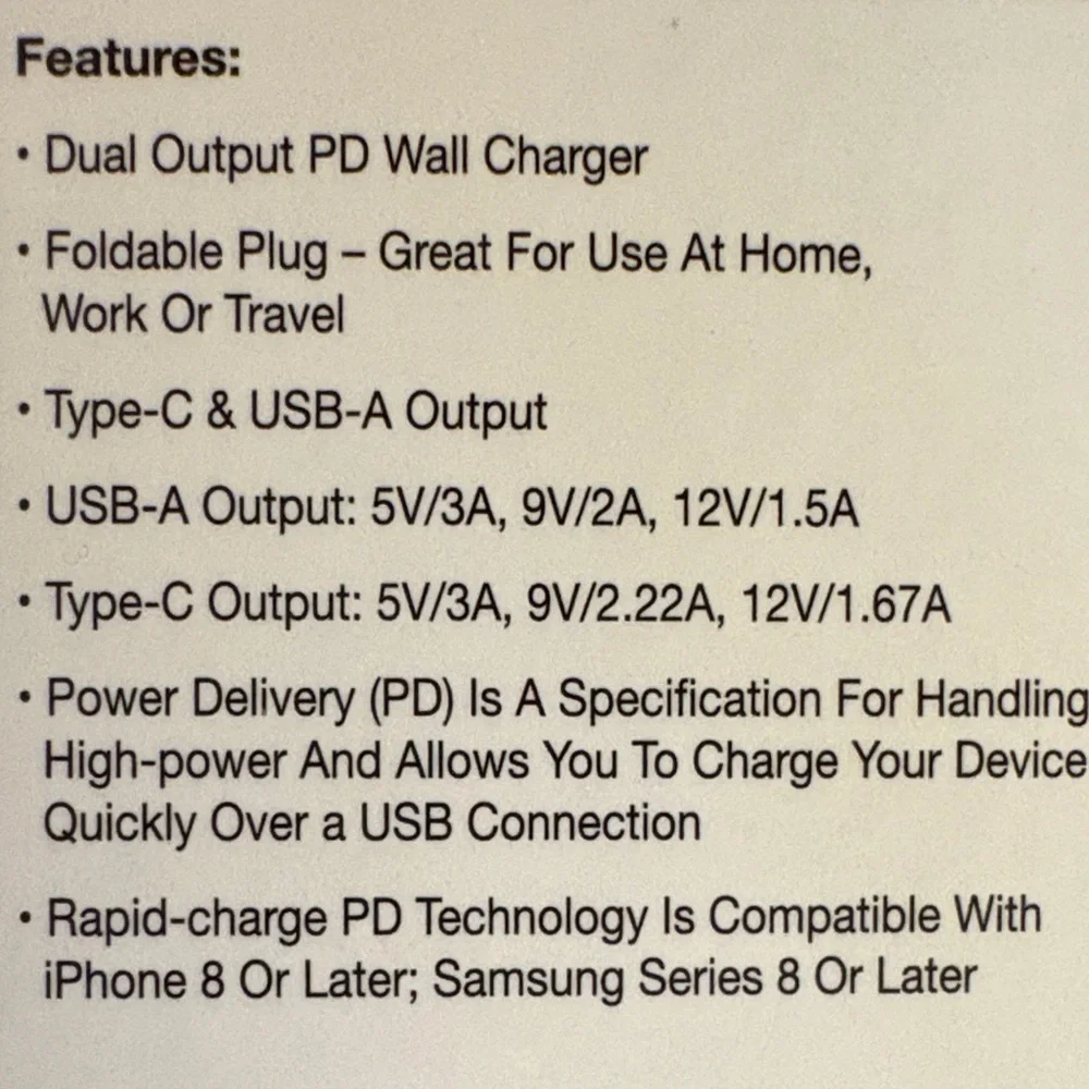 PowerXcel Dual Port Wall Charger Type-C + USB Output - Power Delivery Up To 20W